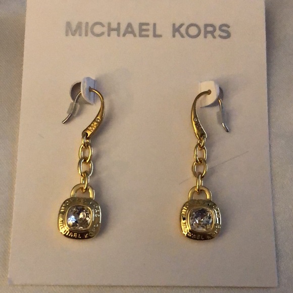 Michael Kors Gold Tone Chain & Square Drop Earrings Crystal & Logo Accent NWT - Picture 5 of 11